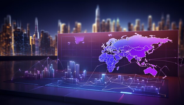 Globaler Planet-Hintergrund, Netzwerkverbindung, Internet auf der Erde, digitale abstrakte Weltkarte, Punkthologramm, Zukunftstechnologie, Geschäftskonzept, Finanzmarktdatendiagramm, das den Handel widerspiegelt