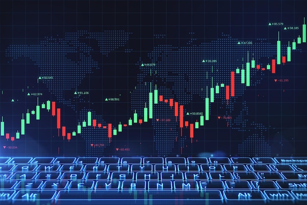 Globales Aktienmarkt- und Anlagekonzept mit Anhebung des Finanzdiagrammkerzenhalters auf dem digitalen Terminalbildschirm der Marktdaten-3D-Darstellung