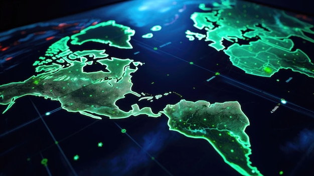 Globales Überwachungs- und Überwachungskonzept mit 3D-Karte und grüner Füllung für Kontinente und Ozeane