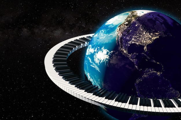 Foto globales musikkonzept earth globe mit klaviertastatur rund um 3d-rendering