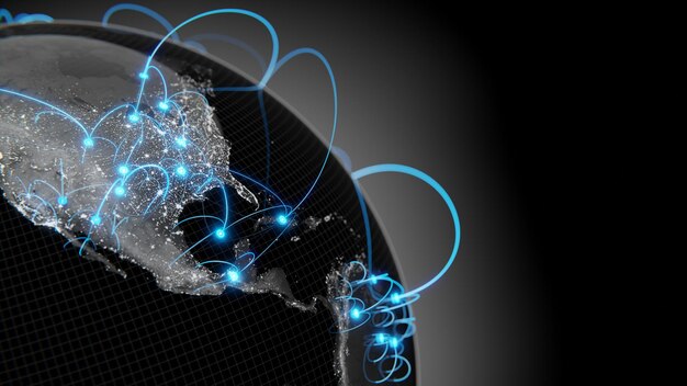 Foto globalisierungs- und kommunikationskonzept erde und leuchtende strahlen 3d-rendering