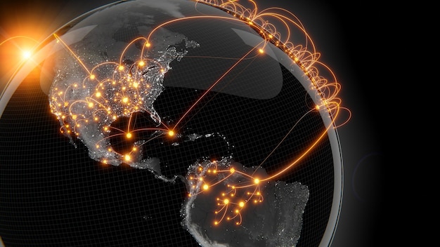 Globalisierungs- und Kommunikationskonzept Erde und leuchtende Strahlen 3D-Rendering