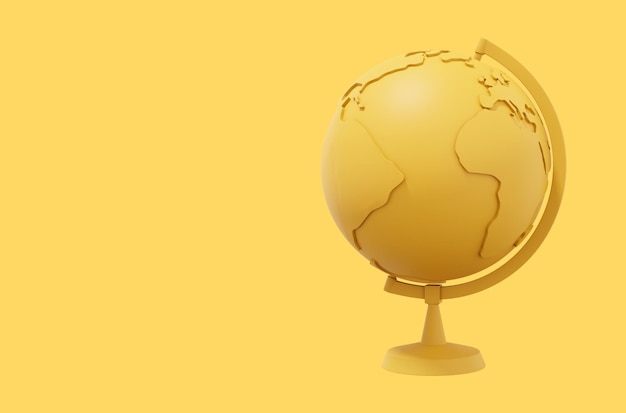 Globe Earth en un soporte Dibujos animados minimalistas Icono amarillo sobre fondo amarillo con espacio para texto Representación 3D