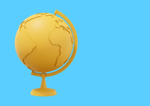 Globe Earth en un soporte Dibujos animados minimalistas Icono amarillo sobre fondo azul con espacio para texto Representación 3D