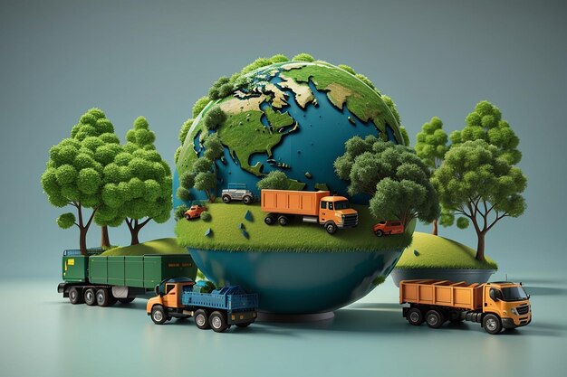 Foto globo 3d gramado com caminhões e árvores