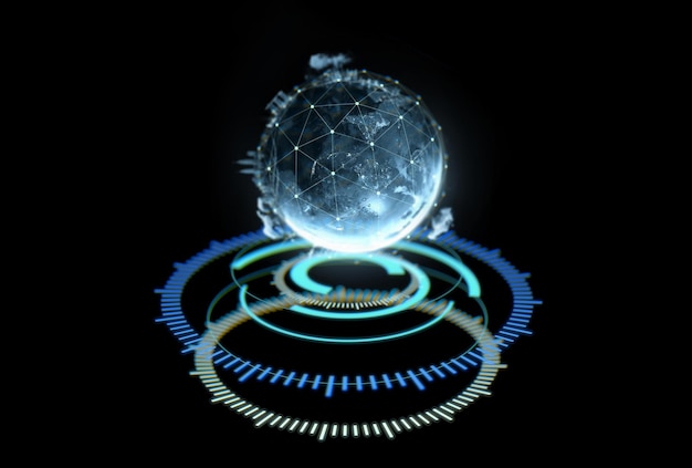 Globo abstracto con red de comunicación inalámbrica de puntos conectados en el espacio Representación 3d del concepto de negocio global