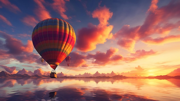 Globo aerostático en el cielo al atardecer hermoso paisaje