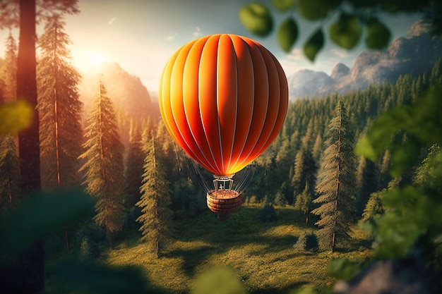 Un globo aerostático de color naranja brillante se eleva elegantemente sobre el campo