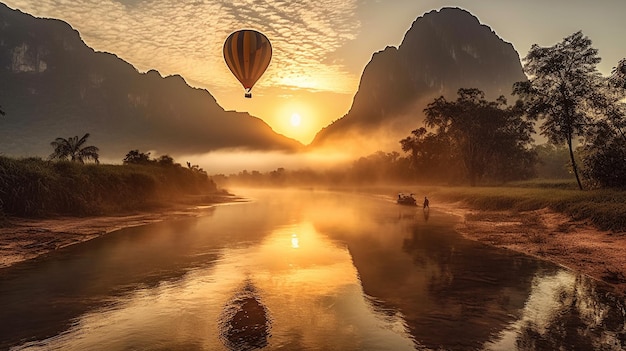 Un globo aerostático flota sobre un río con montañas al fondo.