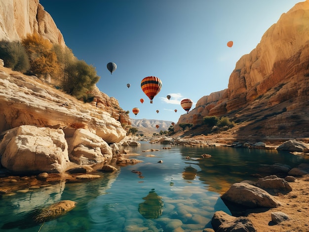 Globo aerostático en las montañas sobre el agua IA generativa