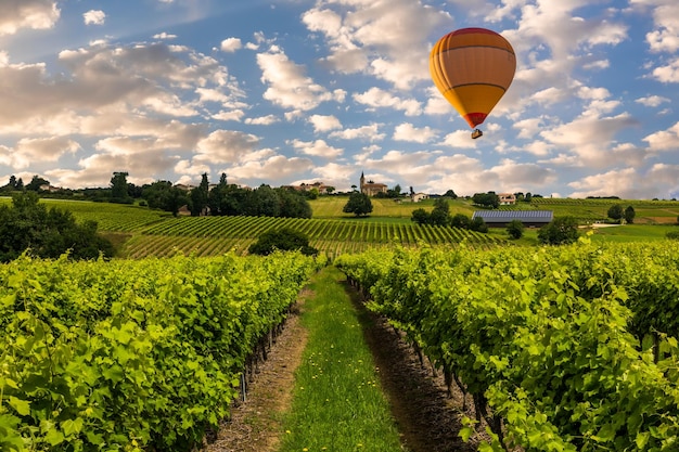 Globo aerostático sobre las montañas y viñedos Burdeos Francia