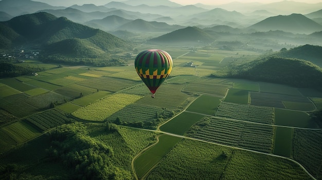 Un globo aerostático sobrevuela un paisaje montañoso.