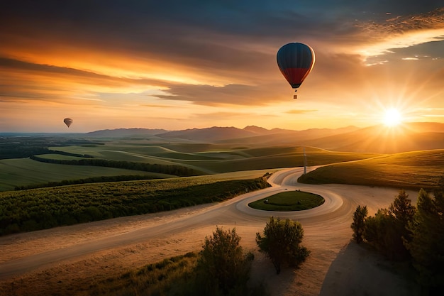 Un globo aerostático sobrevuela un paisaje rural al atardecer