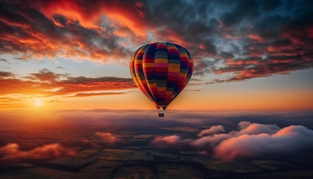 Foto globo aerostático volando al atardecer una aventura en la naturaleza generada por inteligencia artificial