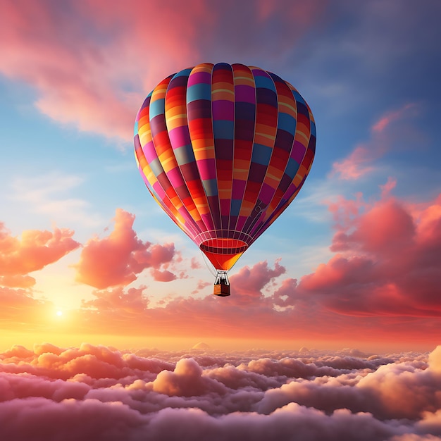 Foto globo aerostático volando alto en el cielo al atardecer