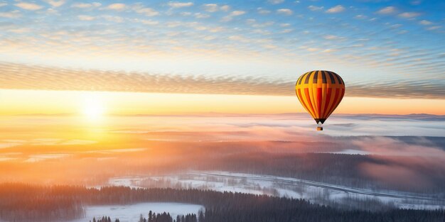 Globo aerostático volando sobre el bosque de niebla al amanecer