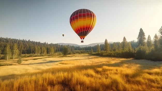 Globo aerostático volando sobre un campo con montañas al fondo