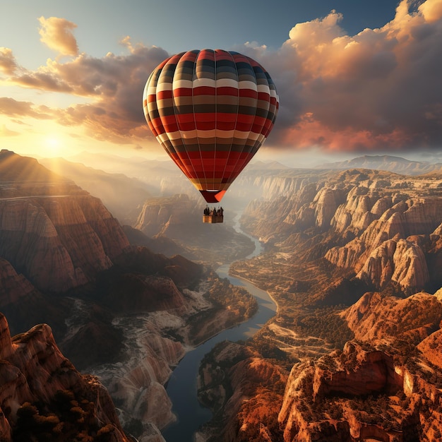 un globo aerostático volando sobre un cañón con un río al fondo