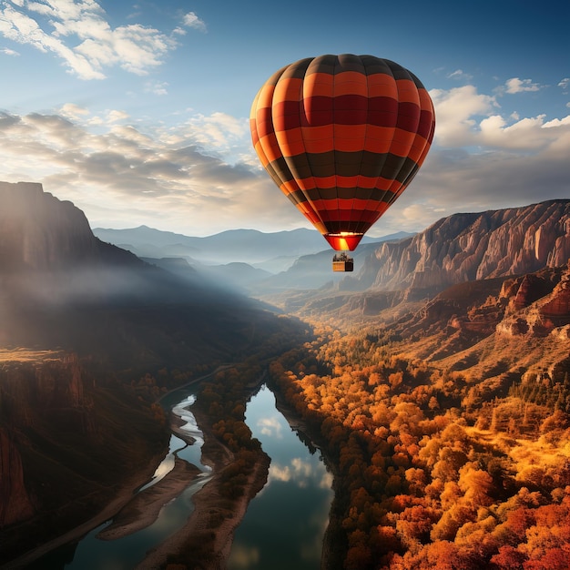 un globo aerostático volando sobre un cañón con un río y montañas al fondo