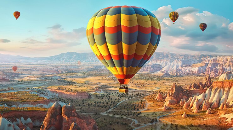 Globo aerostático volando sobre el paisaje rocoso en Capadocia Turquía Generativo ai
