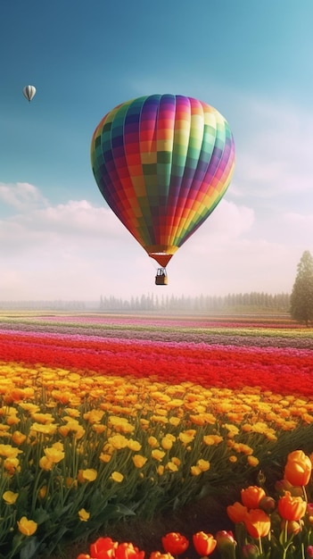 Un globo aerostático vuela sobre un campo de flores.