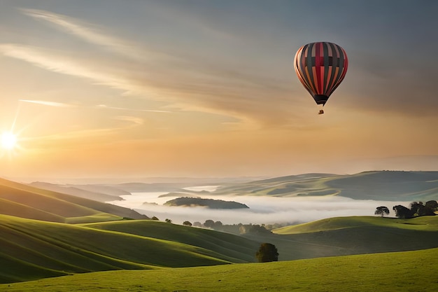 Un globo aerostático vuela sobre un campo de hierba verde y niebla.