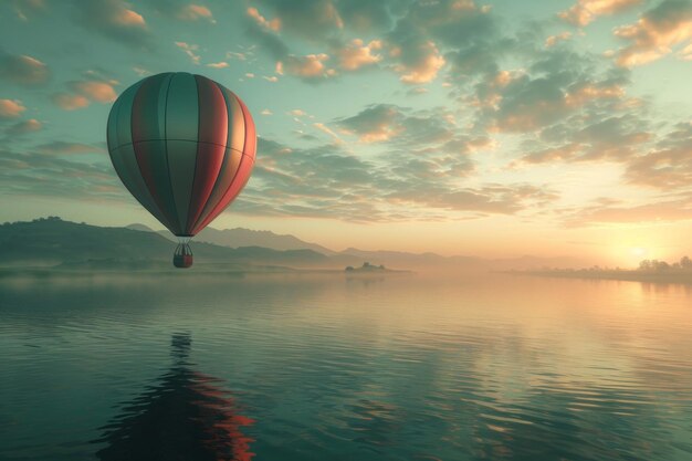 un globo aerostático vuela sobre un cuerpo de agua en un cielo nublado