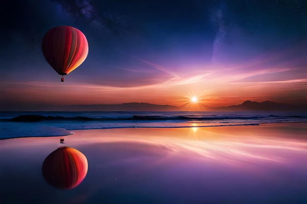 Un globo aerostático vuela sobre un lago con la puesta de sol detrás de él.