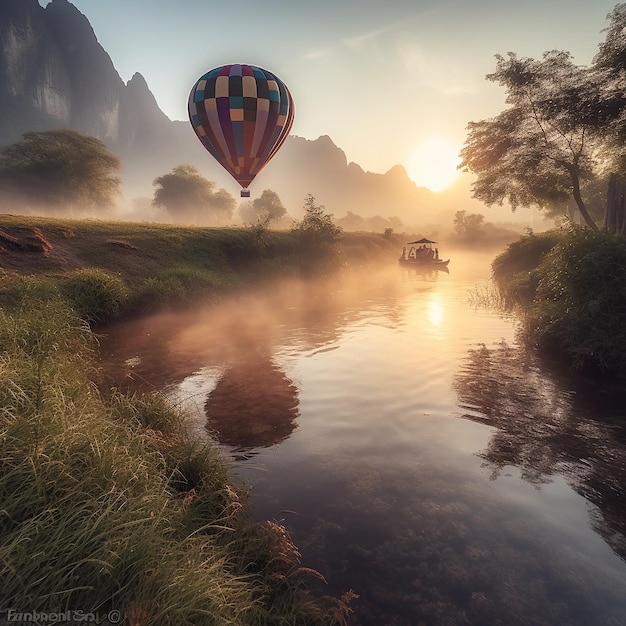 Un globo aerostático vuela sobre un río con un río y montañas al fondo.