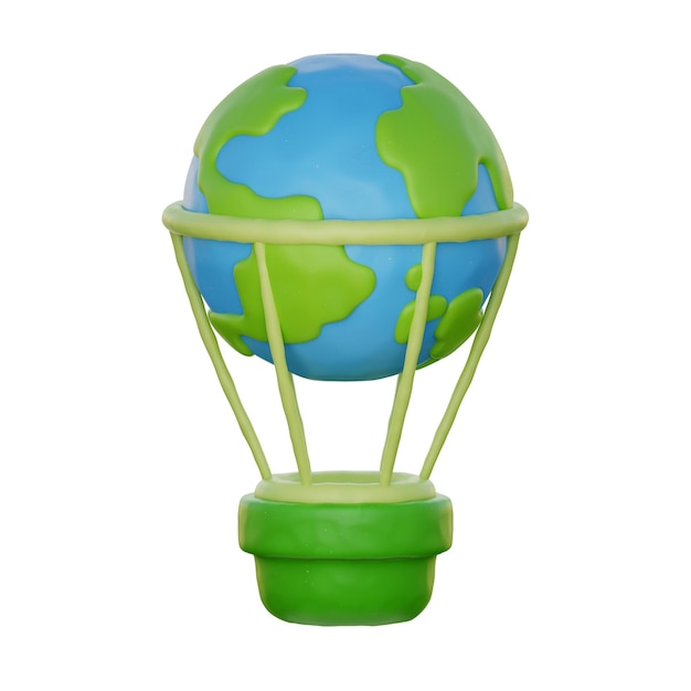 Globo de aire caliente 3d con globo terráqueo salvar el planeta y la energía Representación 3d de estilo de dibujos animados ecológico