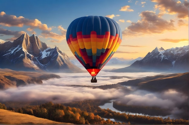 Foto un globo de aire caliente en el aire con montañas en el fondo