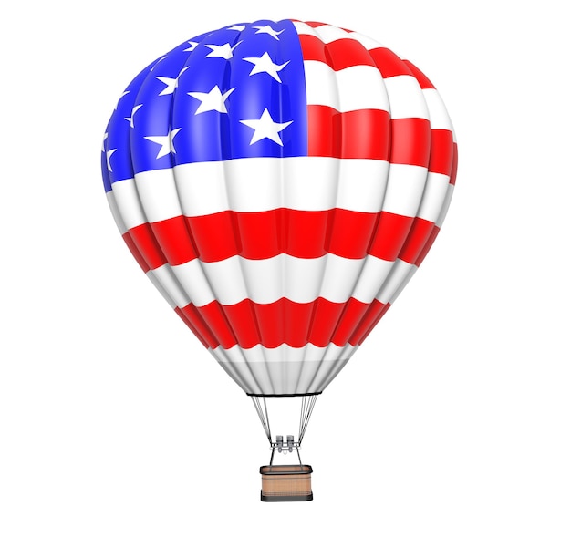 Globo de aire caliente como bandera de Estados Unidos en vuelo sobre un fondo blanco.