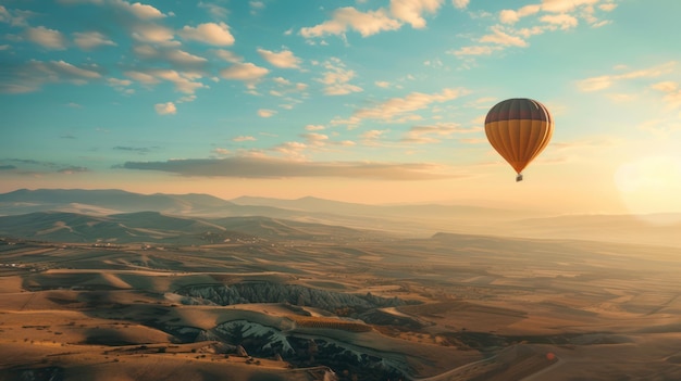 Un globo de aire caliente flotando pacíficamente sobre paisajes pintorescos