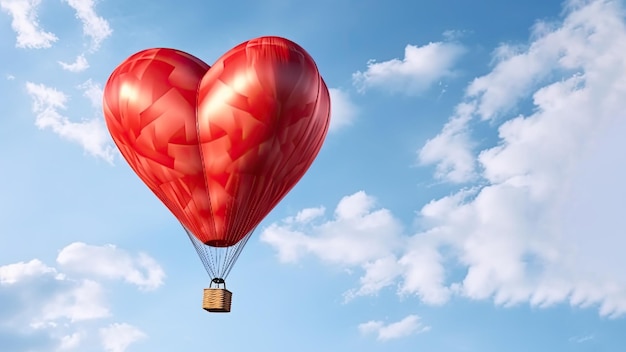 Globo de aire caliente en forma de corazón rojo en el cielo azul con nubes