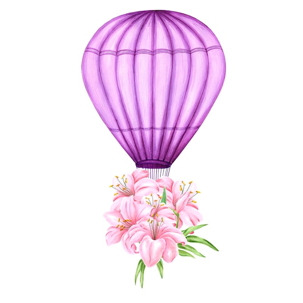 Globo de aire caliente púrpura acuarela con flores de lirio Ilustración pintada a mano sobre fondo blanco Para estampados de diseño tela o fondo