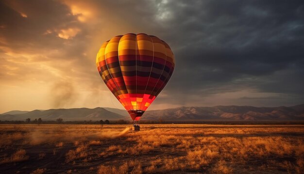 Globo de aire caliente que levita se eleva sobre montañas generado por IA