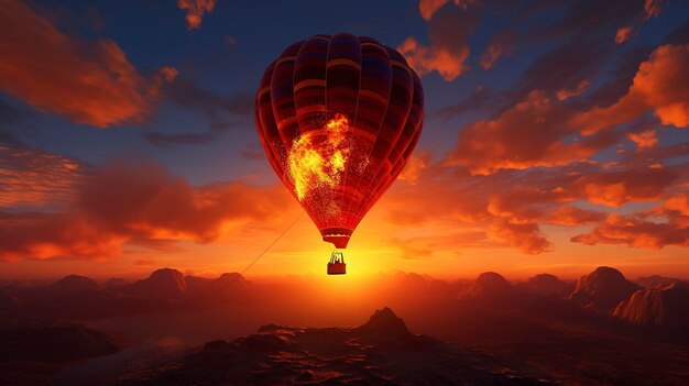 un globo de aire caliente con el sol poniéndose detrás de él