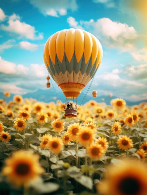 Un globo de aire caliente volando sobre un campo de girasoles imagen generativa ai