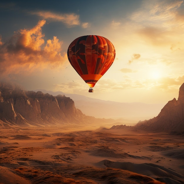 Un globo de aire caliente volando sobre el desierto con montañas en el fondo