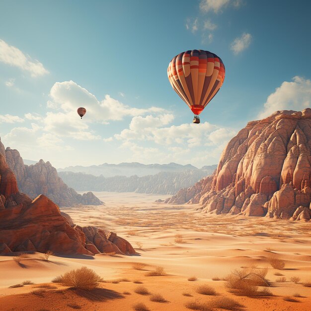 Un globo de aire caliente volando sobre el desierto.