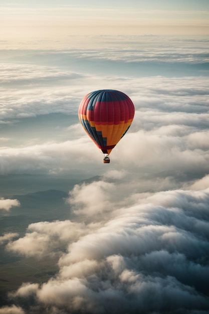 Un globo de aire caliente volando a través de las nubes