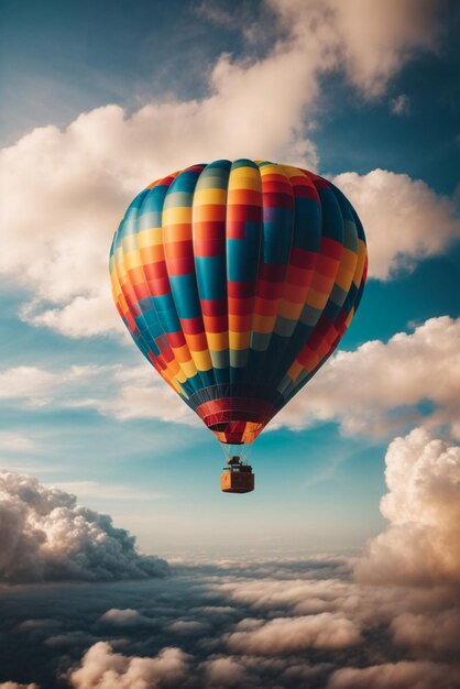 Un globo de aire caliente volando a través de las nubes