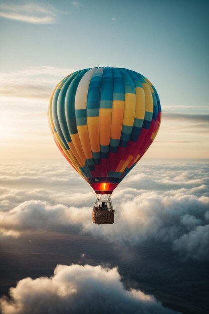 Un globo de aire caliente volando a través de las nubes