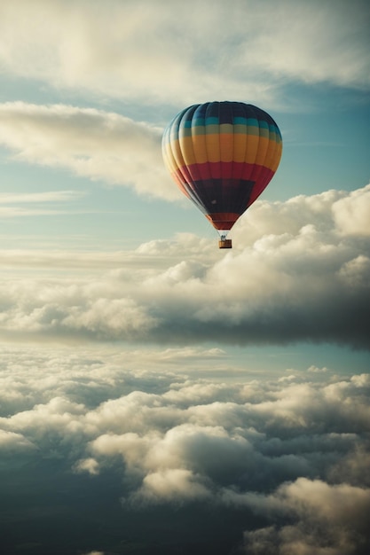 Un globo de aire caliente volando a través de las nubes