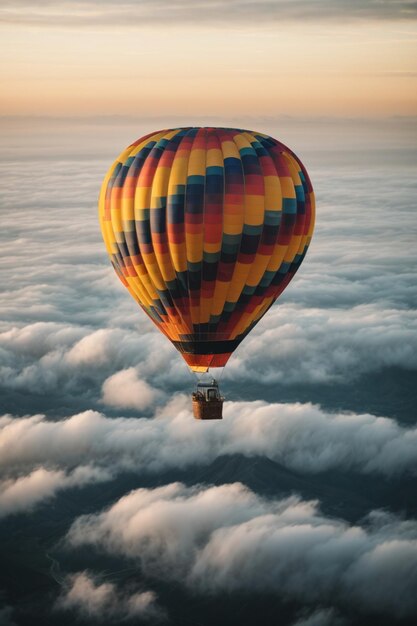 Un globo de aire caliente volando a través de las nubes