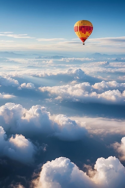 Un globo de aire caliente volando a través de las nubes