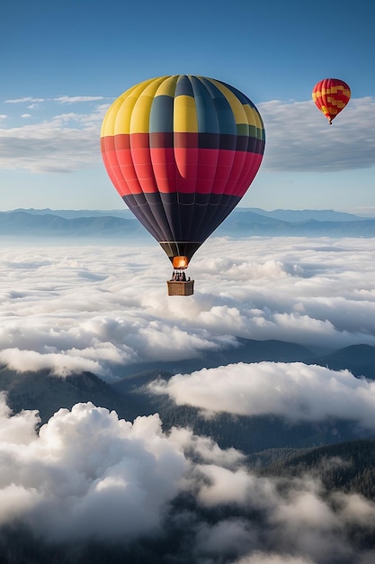 Un globo de aire caliente volando a través de las nubes