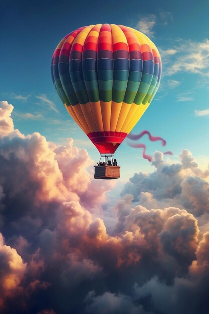Foto un globo de aire caliente volando a través de las nubes