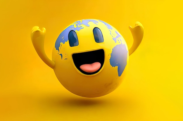 Un globo amarillo con una cara que dice tierra feliz en él