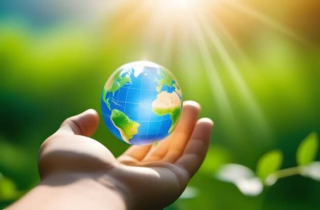 Globo y árbol en la mano humana sobre fondo verde Salvar el planeta concepto de ecología Tarjeta postal fo